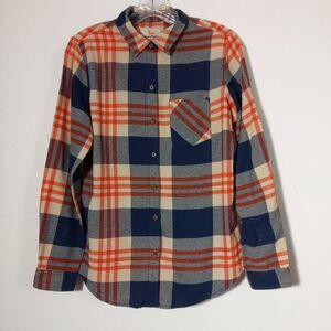 Vintage Field & Stream Flannel Shirt 60s 70s Orange Blue Plaid Button Sleeves SM